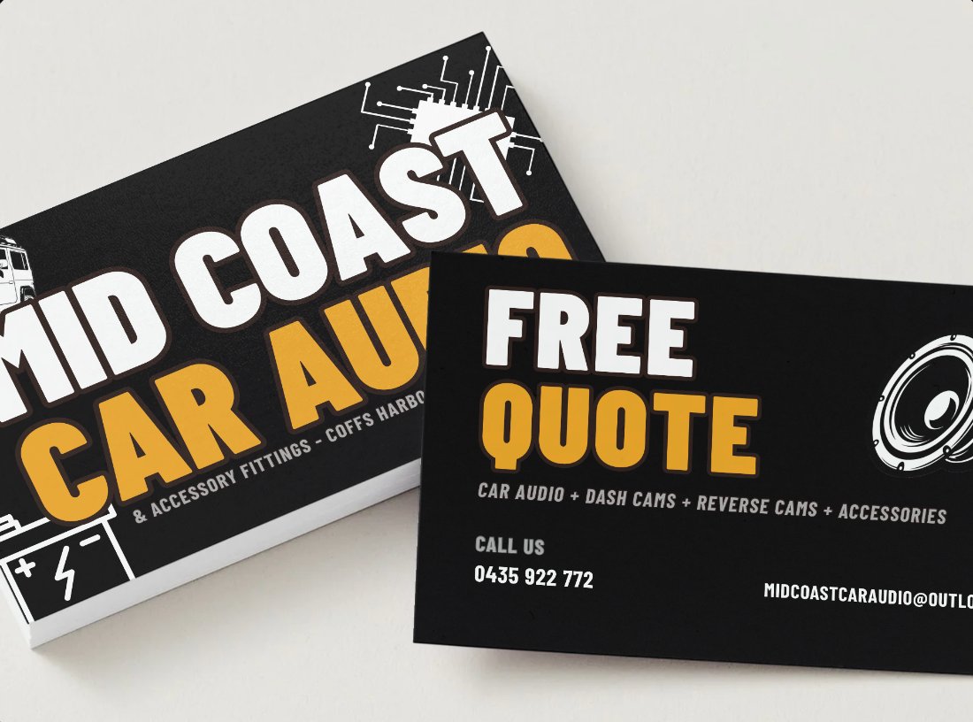 MidCoast Car Audio business cards, front and back