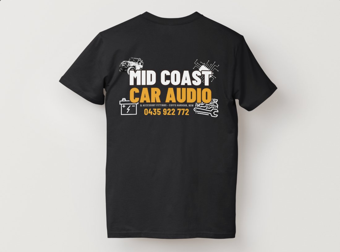 MidCoast Car Audio branded t-shirt, back print