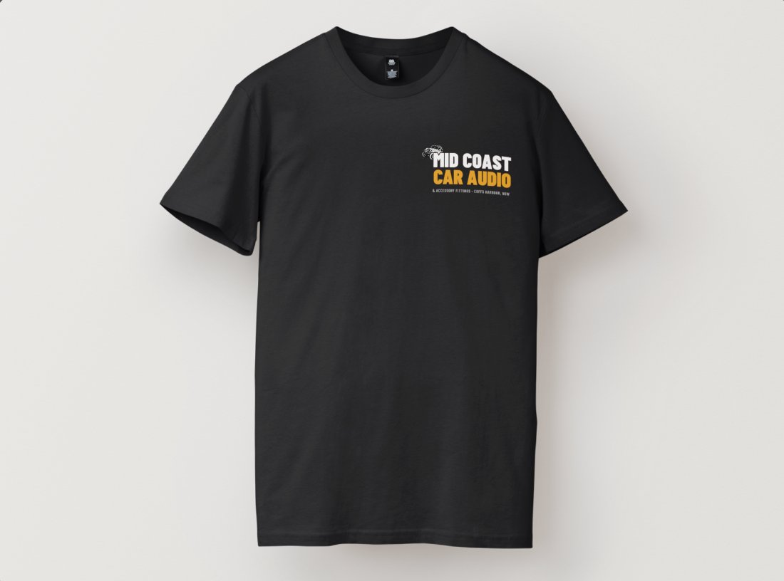 MidCoast Car Audio branded t-shirt, front